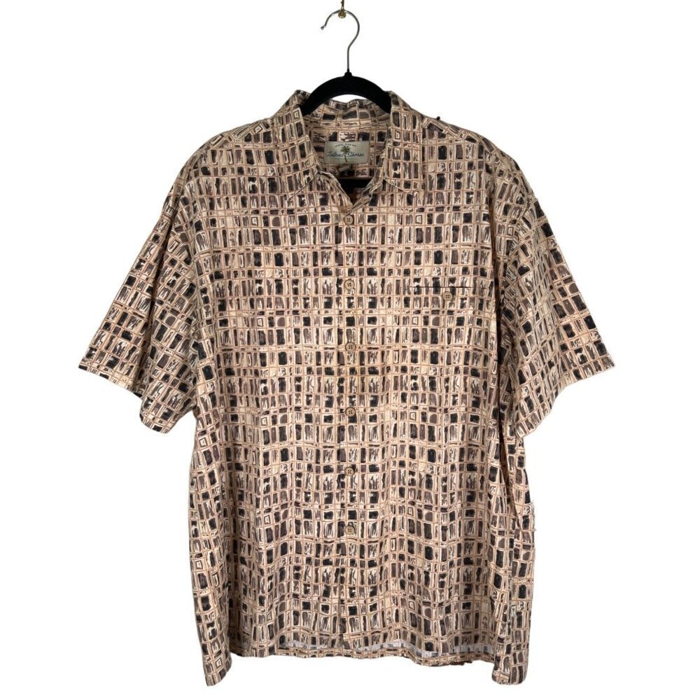 Island Shores Men Size XL Shirt Cotton Tan Abstract Checkered Print Short Sleeve